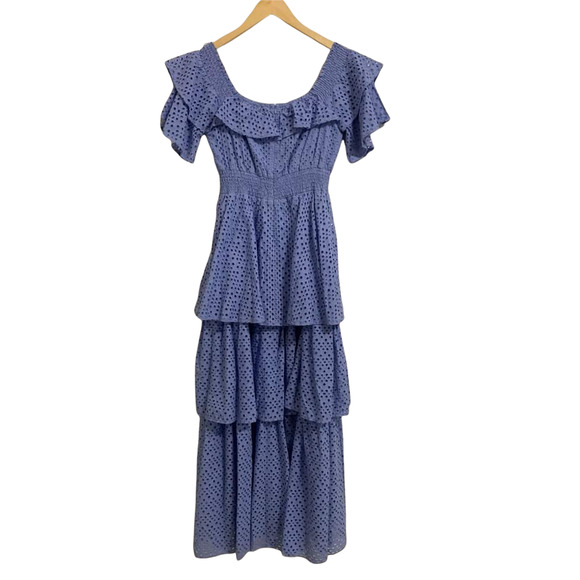 KENDALL + KYLIE Blue Eyelet Tiered Ruffle Anglaise Off-Shoulder Dress Size 4/6 - Picture 6 of 6